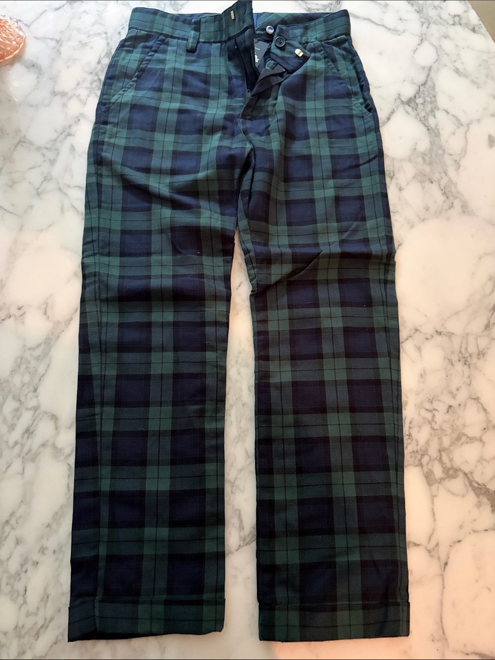 Boys Green & Navy Plaid Cotton Trousers